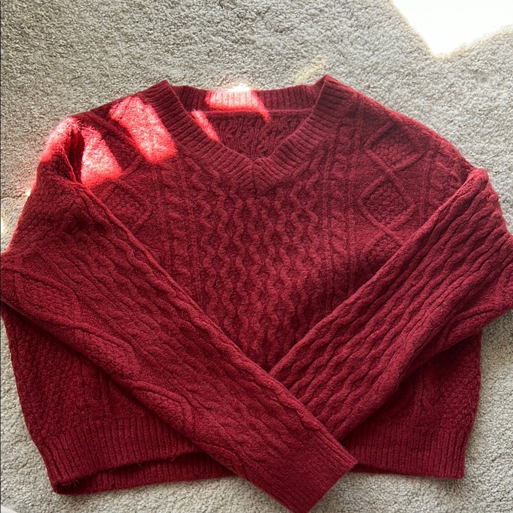 Red V-Neck Cable Knit Sweater
